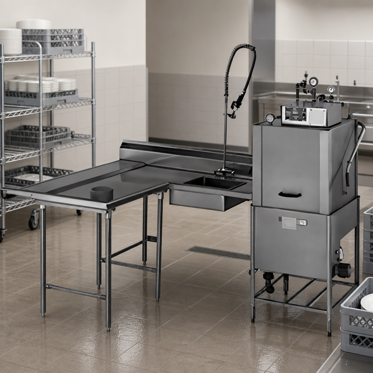 Product image #3 for Eagle Group Island Soiled Dishtable with Dish Landing Shelf and Pre-Rinse Sink, Right-to-Left Operation, 72-Inch Machine-to-Corner