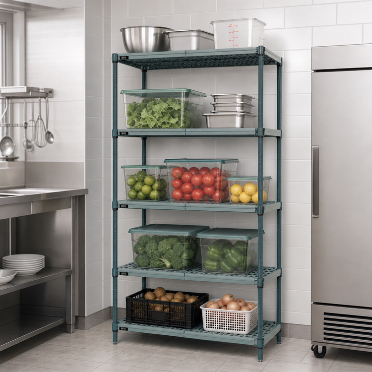 Product image #3 for Quantum 5-Tier Stationary Wire Plastic Mat Shelving Unit, 24 x 14 x 74 Inches, Green Epoxy Coated
