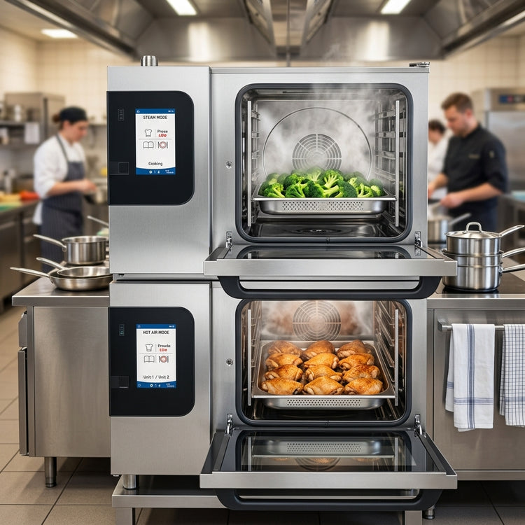 Product image #2 for Convotherm K12 Maxx Pro Combi Oven/Steamer School Package, Double Stacked Electric, Boilerless, (12) Half-Size Sheet Pan Capacity with Disappearing Doors