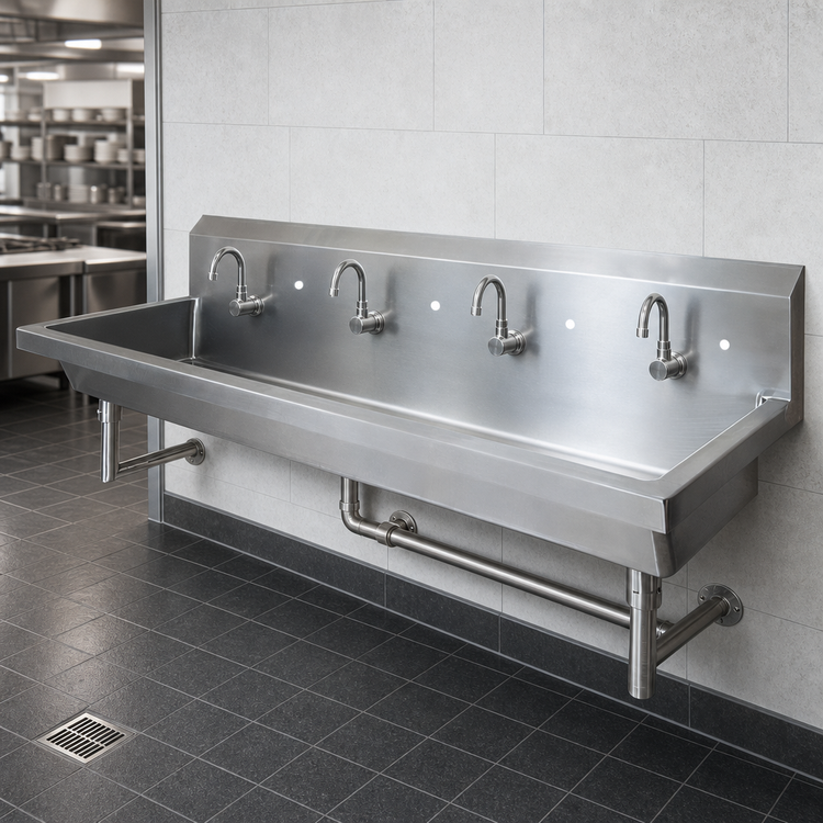 Product image #3 for BK Resources Four-Station Wall-Mounted Commercial Hand Wash Sink, 96 Inch Wide, 8 Inch Deep Bowl
