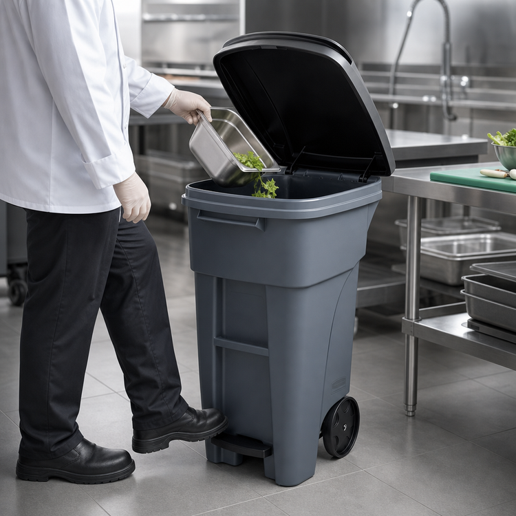 Product image #4 for Rubbermaid Commercial BRUTE 32 Gallon Step-On Rollout Trash Container with Hinged Lid