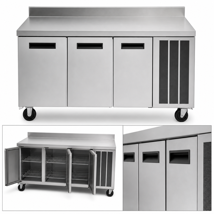 Product image #3 for Delfield 114-Inch 3-Section Refrigerated Work Table with 4-Inch Backsplash, 3 Doors