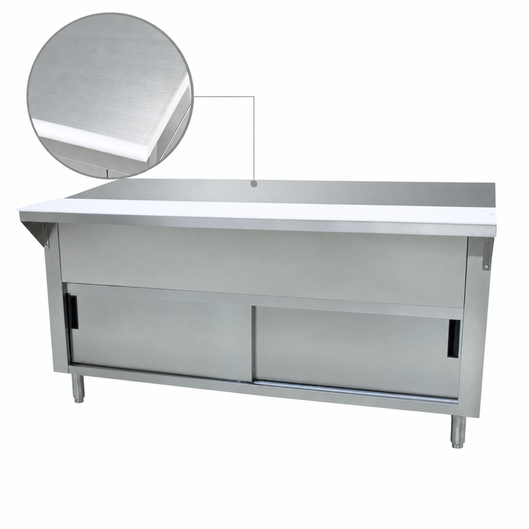 Product image #3 for Advance Tabco Triumph (Supreme) Solid Top Utility Station with Sliding Doors and Poly Cutting Board, 77-3/4 Inch Wide