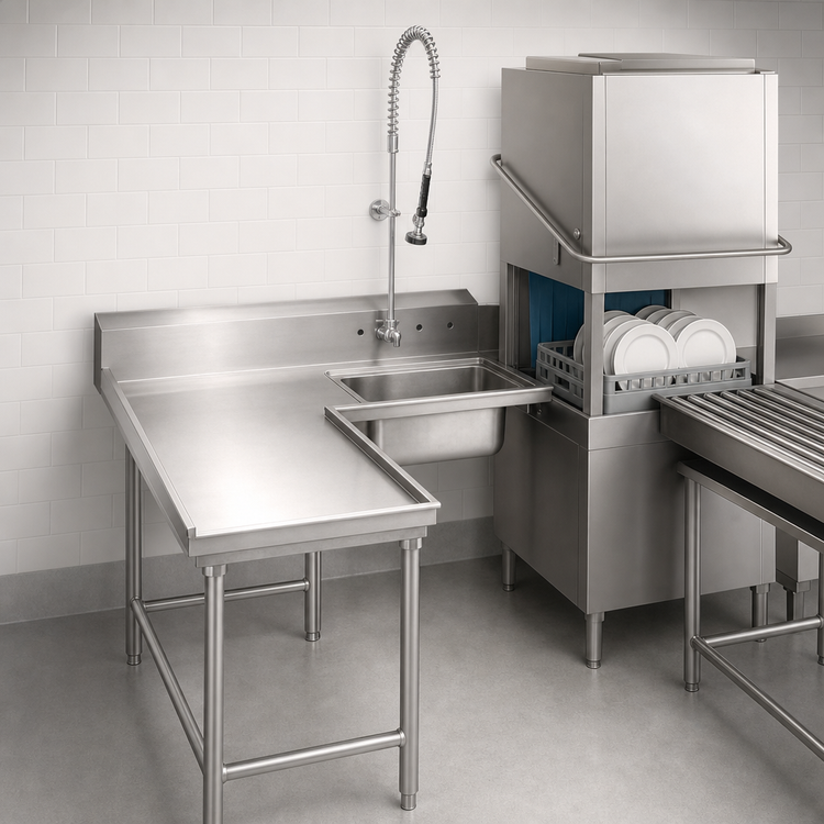 Product image #3 for Advance Tabco 71-Inch L-Shaped Left-Hand Island Soil Dishtable with Pre-Rinse Sink