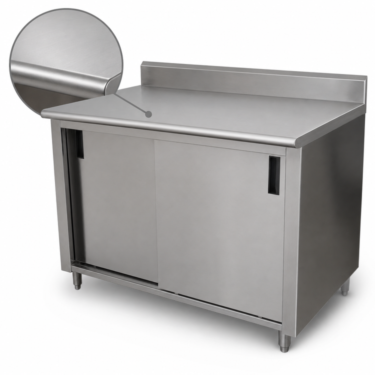 Product image #3 for Advance Tabco Special Value Enclosed Work Table with Cabinet Base, Mid-Shelf, and Sliding Doors, 72 x 30, 16 Gauge 304 Stainless Steel Top, 5 Inch Backsplash