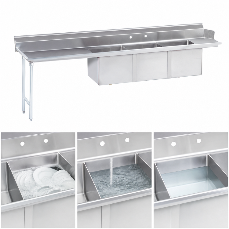 Product image #3 for Advance Tabco 143-Inch 3-Compartment Sink Dishtable with Left Drainboard and 18" x 24" Bowls