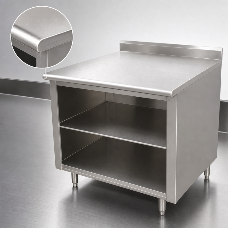 Product image #3 for Advance Tabco 96" x 36" 14-Gauge 304 Stainless Steel Work Table with Open Front Cabinet Base and 5" Backsplash