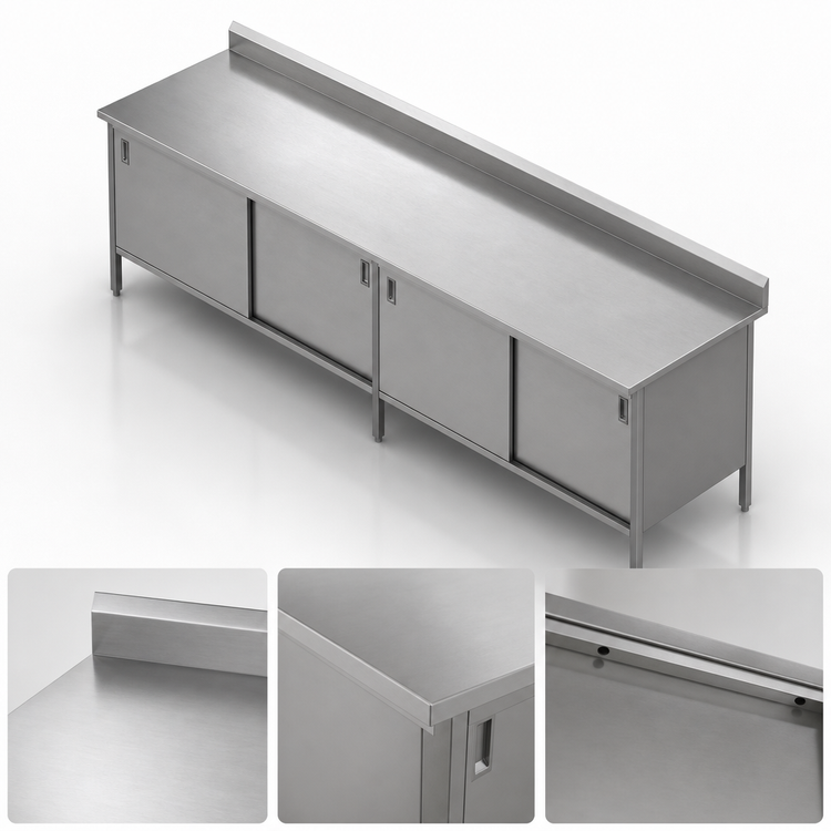 Product image #3 for John Boos 84 x 30-Inch Enclosed Base Stainless Steel Work Table with Sliding Doors and 5-Inch Backsplash