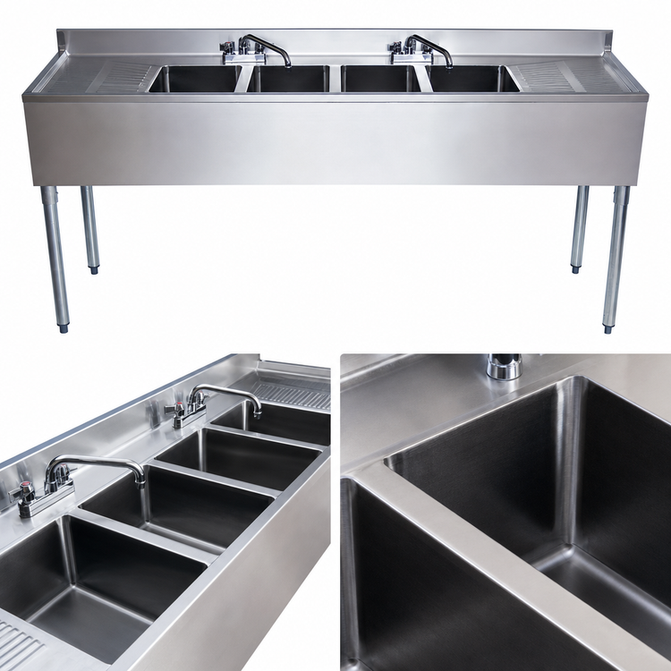 Product image #3 for BK Resources Slim-Line 4-Compartment Underbar Sink with Dual Drainboards and Faucets, 72 Inch Wide