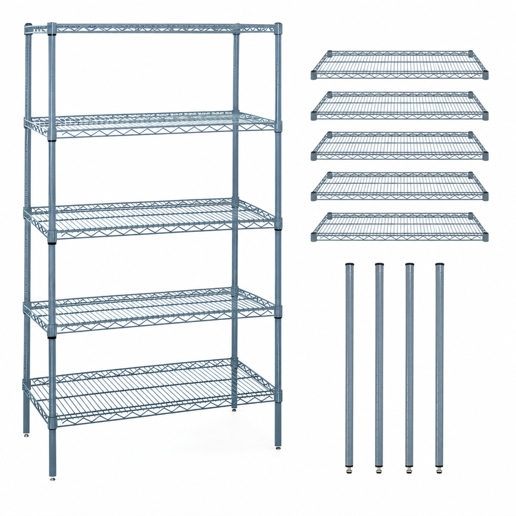 Product image #3 for Quantum Wire Shelving Starter Kit, 48" W x 14" D x 74" H, 5 Shelves, Gray Epoxy Antimicrobial Finish