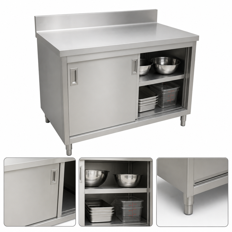 Product image #3 for Omcan USA 48 x 30 x 36-Inch Stainless Steel Enclosed Work Table with Sliding Doors and 6-Inch Backsplash