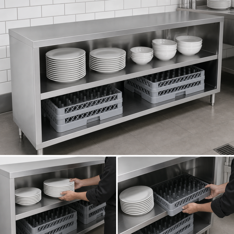 Product image #3 for John Boos Open Front Stainless Steel Dish Cabinet with Mid-Shelf, 120 x 15 x 35 Inches