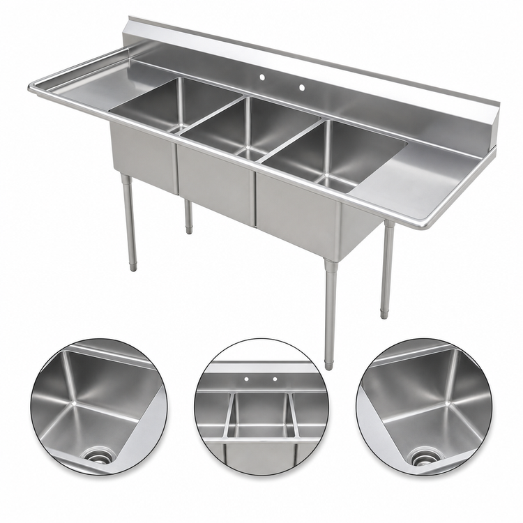 Product image #3 for 84-Inch 3-Compartment Stainless Steel Sink with Left and Right Drainboards, 16 x 20 x 14 Bowls