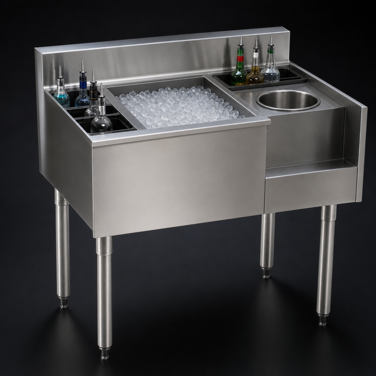 Product image #3 for Eagle 2200 Series 50-Inch Underbar Ice Bin/Cocktail Station with 8 Bottle Wells, Center Ice Bin, 7-Circuit Cold Plate and Blender Recess