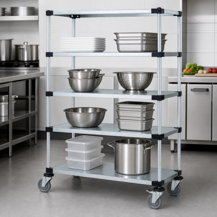 Product image #3 for Quantum 4-Shelf Mobile Shelving Cart with Solid Galvanized Steel Shelves, 48 x 18 x 80 Inches