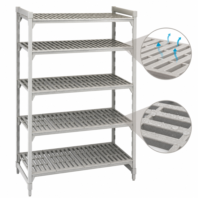 Product image #4 for Cambro Camshelving Premium 5-Tier Stationary Polymer Shelving Starter Unit, 24" Deep x 54" Wide x 84" High, Vented, Speckled Gray