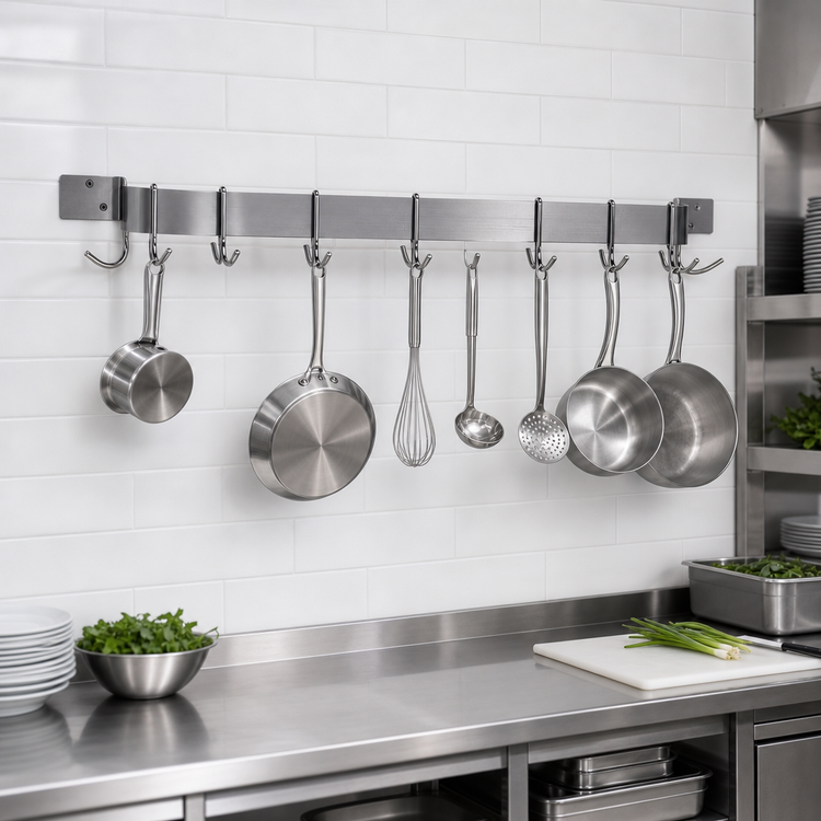 Product image #3 for Advance Tabco Wall-Mounted Single Bar Stainless Steel Pot Rack, 108 Inch, 9 Double Hooks