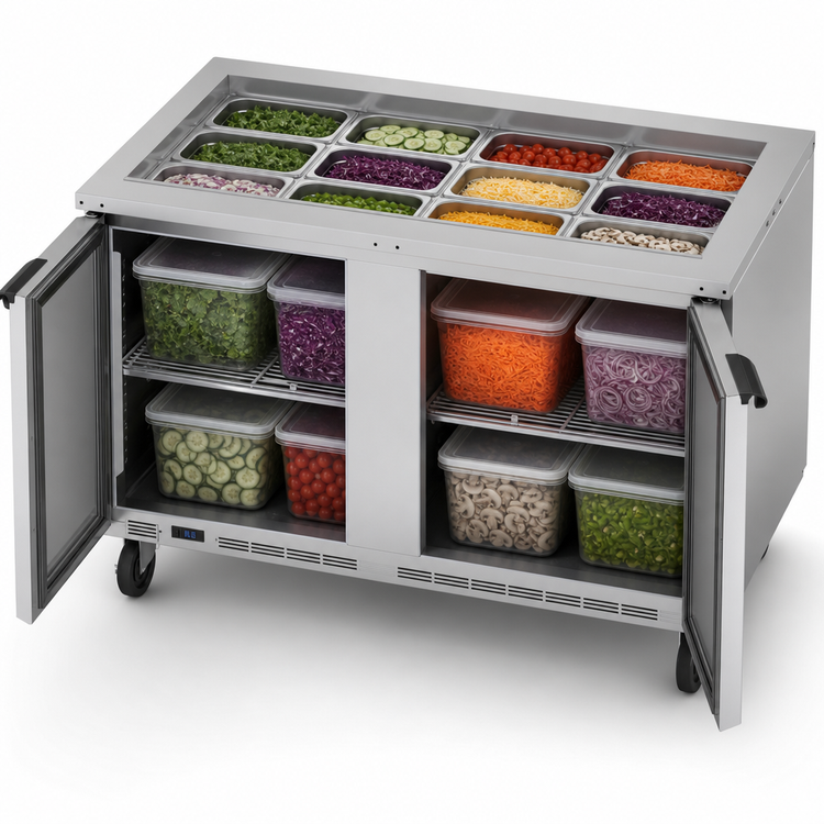 Product image #3 for Beverage-Air 60-Inch Two-Section Salad Top Refrigerated Prep Table with Solid Hinged Doors