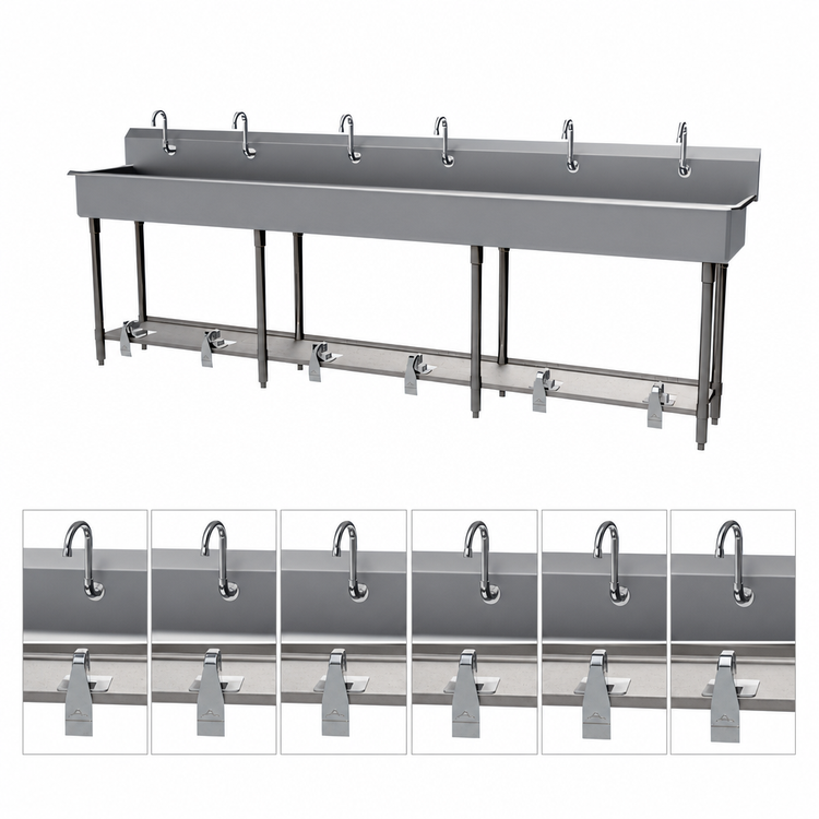 Product image #3 for Advance Tabco Six-Station Multiwash Freestanding Hand Sink with Toe-Push Valves and Gooseneck Spouts