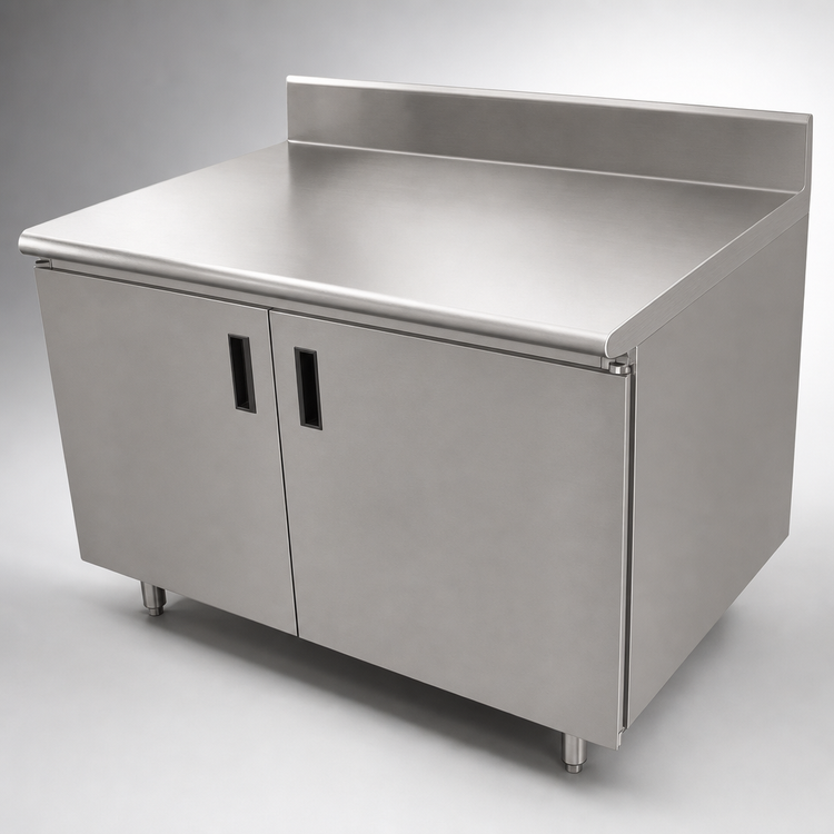 Product image #3 for Advance Tabco Enclosed Stainless Steel Work Table with Cabinet Base, 144 x 36 Inches, 14 Gauge 304 Top, 5-Inch Backsplash