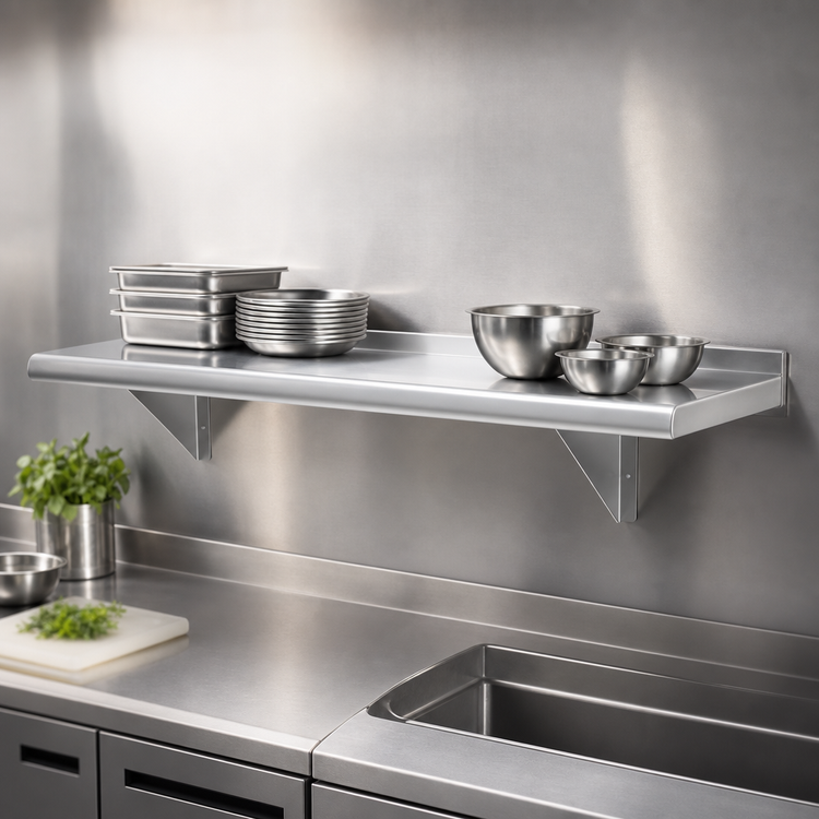 Product image #3 for Advance Tabco 132-Inch Wall-Mounted Stainless Steel Shelf, 12-Inch Deep, 16 Gauge 304 Satin Finish