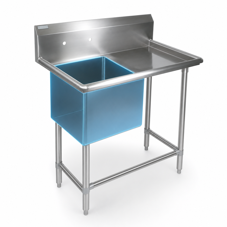 Product image #3 for John Boos Pro-Bowl 1-Compartment Stainless Steel Sink with Right Drainboard, Legs, and Backsplash
