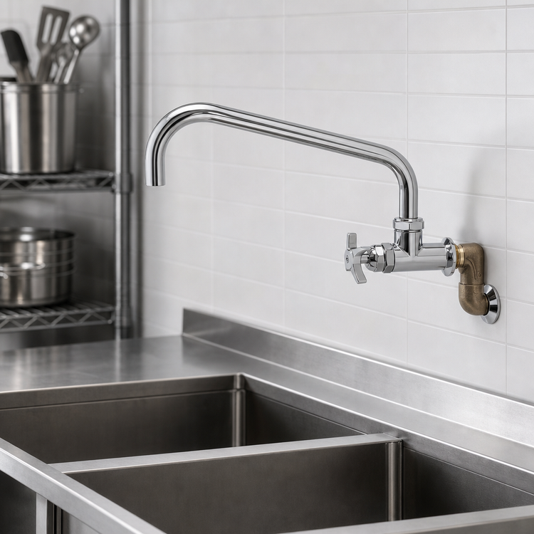 Product image #3 for T&S Brass Big-Flo Wall Mount Faucet with 12-Inch Swing Nozzle, 4-Arm Handle, and 3/4-Inch NPT Street Elbow