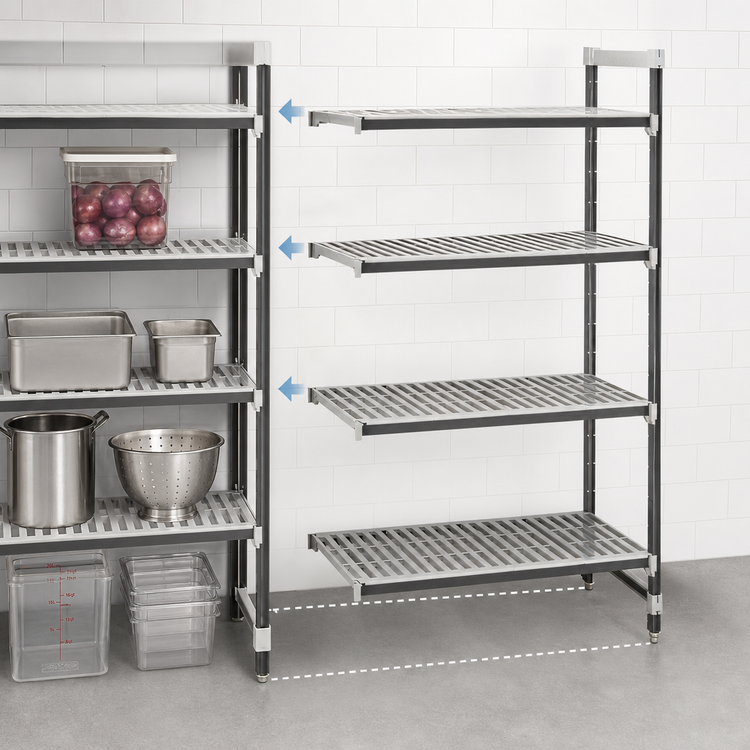 Product image #3 for Cambro Camshelving Elements XTRA Stationary Add-On Vented Polymer Shelving Unit, 18 x 48 x 72 Inches, 4-Tier, Speckled Gray