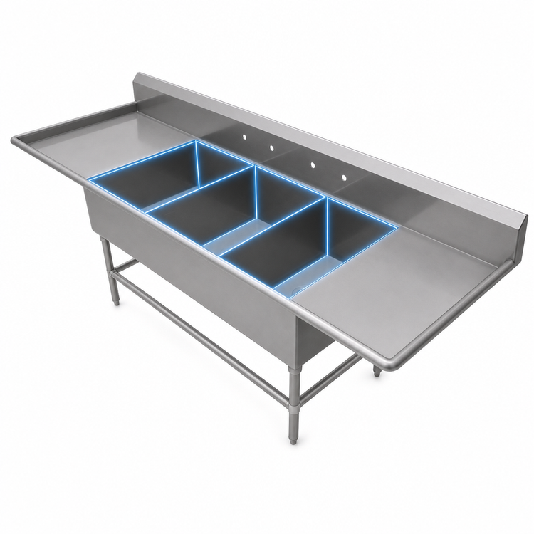 Product image #3 for John Boos Pro-Bowl 3-Compartment Floor Model Stainless Steel Sink with Dual Drainboards, 24 x 24 x 12-Inch Bowls