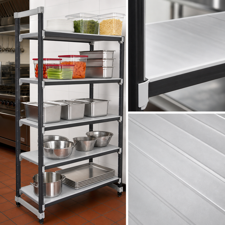 Product image #3 for Cambro Camshelving Elements XTRA 5-Tier Solid Stationary Starter Polymer Shelving Unit, 18" Deep x 36" Wide x 84" High