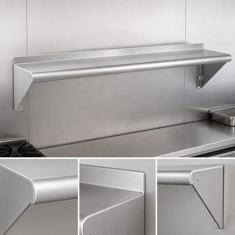 Product image #3 for 72 x 12 Inch Wall-Mounted Stainless Steel Shelf with Bullnose Edge and Rear Up-Turn