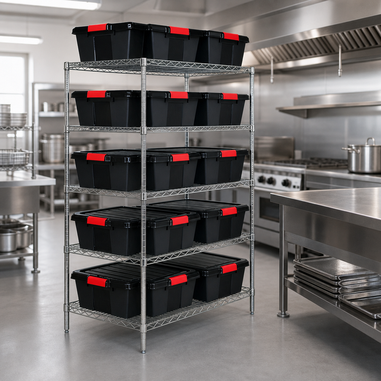 Product image #3 for Quantum Stationary Wire Shelving Bin System with 6 Shelves, 12 Bins, and 12 Lids, 36"W x 21"D x 74"H