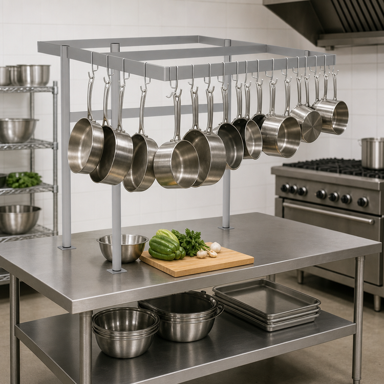Product image #3 for John Boos Square Table-Mounted Stainless Steel Pot Rack with 27 Double Hooks