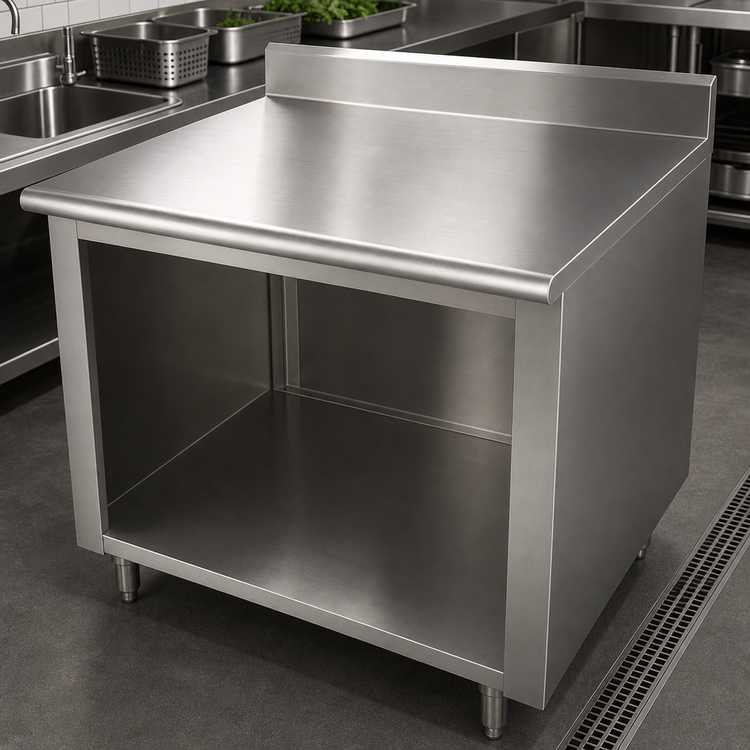 Product image #3 for Advance Tabco 72" x 30" Open Front Cabinet Base Work Table with 5" Backsplash, 14-Gauge 304 Stainless Steel Top