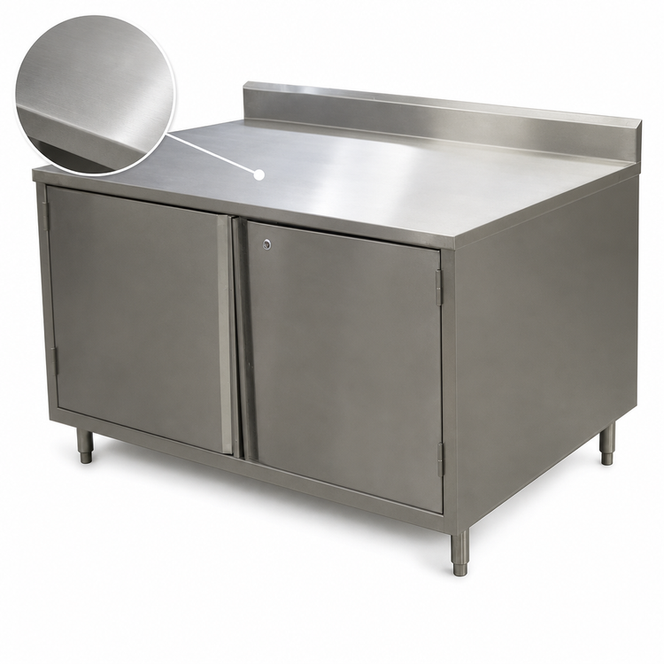 Product image #3 for BK Resources 30-Inch x 30-Inch Enclosed Stainless Steel Work Table with Cabinet Base, Hinged Doors, Lock, and 5-Inch Backsplash
