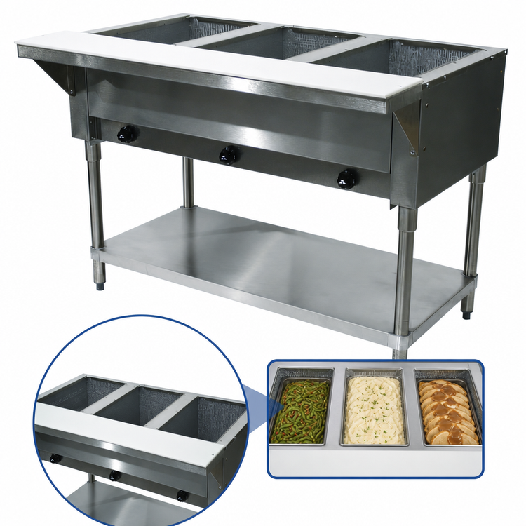 Product image #3 for Advance Tabco Triumph Supreme Open Base 3-Well Natural Gas Hot Food Table with Undershelf and Cutting Board