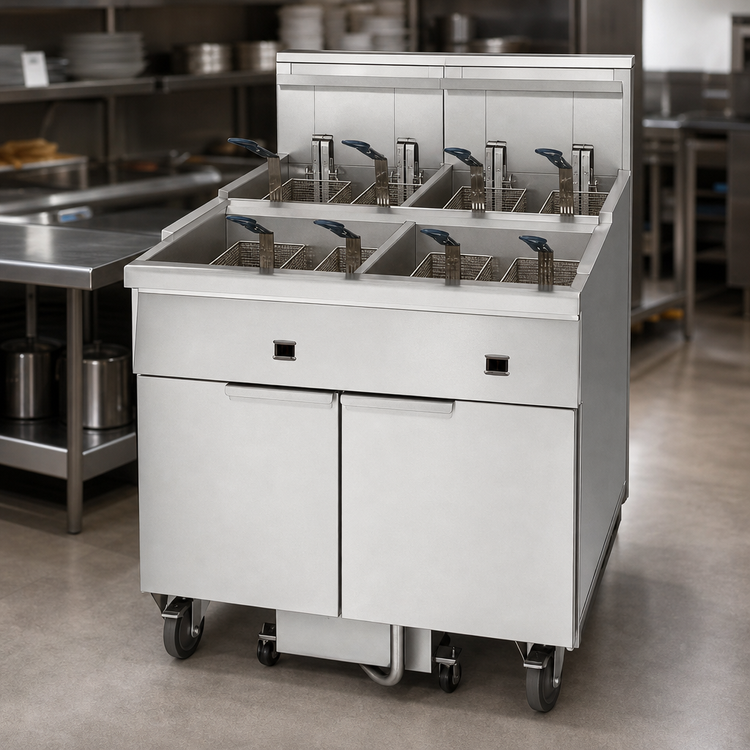 Product image #3 for Imperial Six-Battery Electric Floor Fryer with Built-In Space Saver Filter System, 50 lb. Per Tank