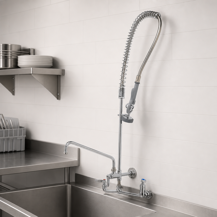 Product image #3 for T&S Brass EasyInstall Wall-Mount Pre-Rinse Unit with Mixing Faucet, Add-On Faucet, 12" Swing Nozzle and 44" Hose