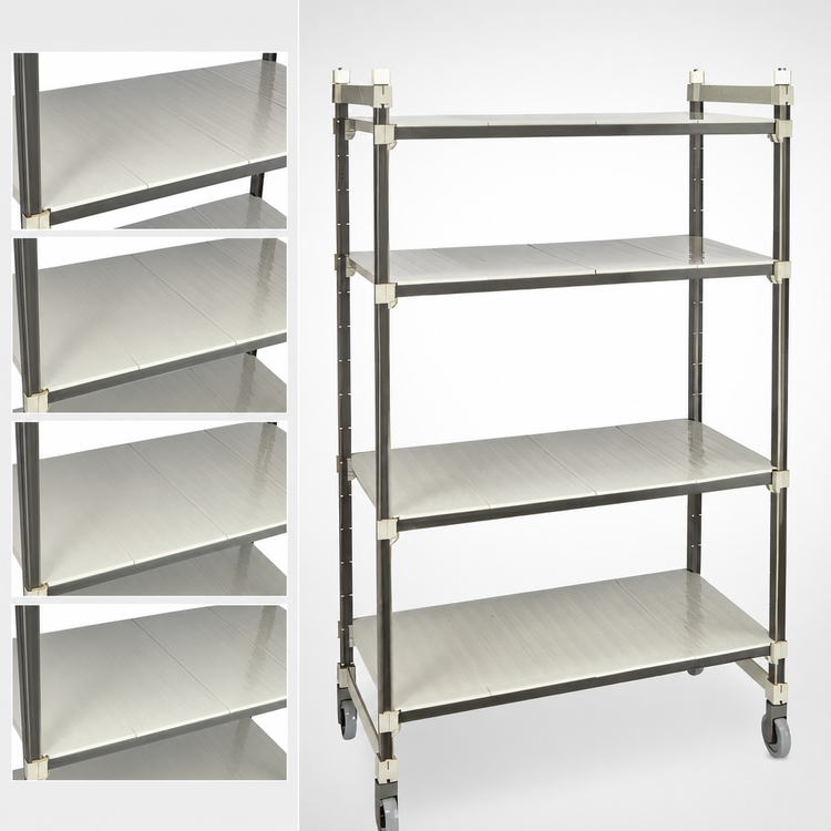 Product image #3 for Cambro Camshelving Elements XTRA High Density Top Rail 4-Shelf Solid Mobile Starter Unit, 18"D x 54"L x 80"H, Speckled Gray