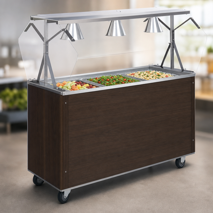 Product image #3 for Vollrath 2-Series Affordable Portable 46-Inch 3-Pan Non-Refrigerated Cold Food Station with Buffet Breath Guard, Walnut Woodgrain Solid Base
