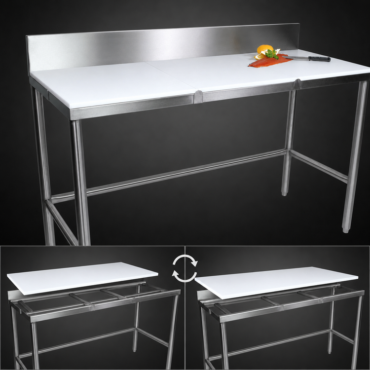 Product image #3 for John Boos 96 Inch x 30 Inch Poly Top Trimming Table with 3/4 Inch Reversible Top and 6 Inch Removable Backsplash