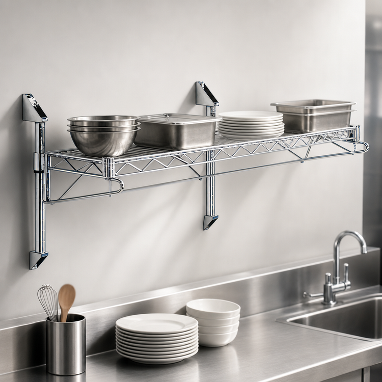 Product image #3 for Quantum Wall-Mount Cantilever Wire Shelving Unit with Single 72 x 14 Inch Shelf, Chrome Plated