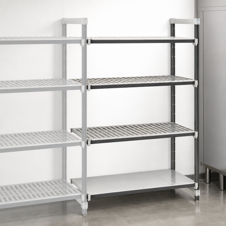 Product image #3 for Cambro Camshelving Elements XTRA Stationary Add-On Shelving Unit, 24 Inch Deep x 48 Inch Long x 72 Inch High, 4-Tier, 3 Vented + 1 Solid Shelf Plates, Speckled Gray