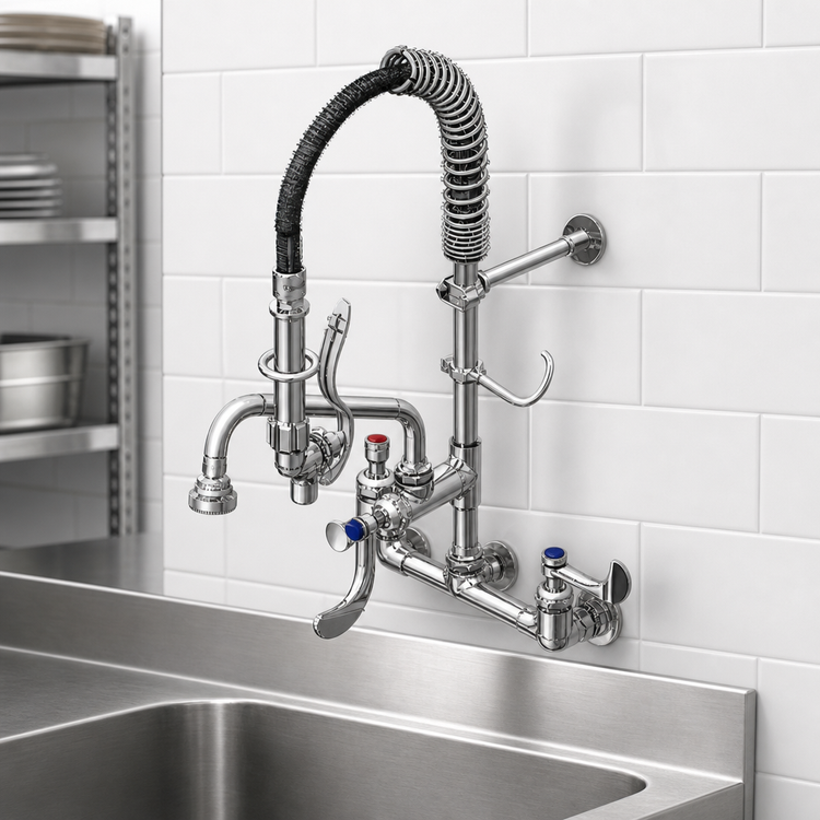 Product image #3 for T&S Brass 8" Wall-Mount Mini Pre-Rinse Unit with 8" Swing Nozzle and Cerama Wrist Handles