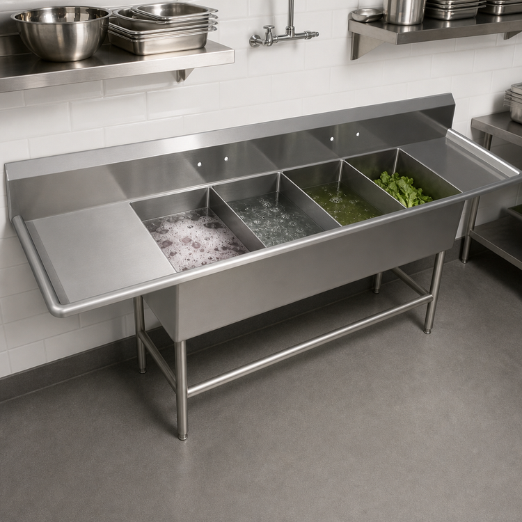 Product image #3 for John Boos Pro-Bowl 4-Compartment Commercial Stainless Steel Sink with Dual 18-Inch Drainboards, 16 x 20 x 12-Inch Bowls