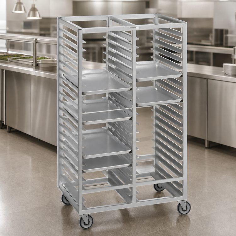 Product image #3 for Channel Manufacturing Standard Series Double Section Aluminum Cafeteria Tray Rack, 64-Inch High, 72-Tray Capacity, 14 x 18 Tray Size, with 5-Inch Swivel Plate Casters