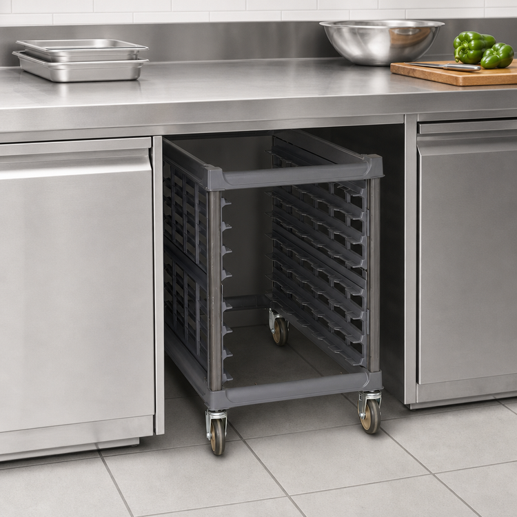 Product image #4 for Cambro Ultimate End-Load Under-Counter Sheet Pan Rack, 15-Sheet-Pan Capacity, 1-1/2" Rail Spacing, Brushed Graphite