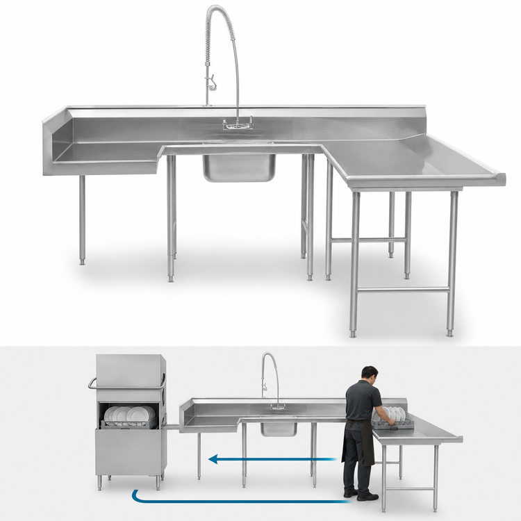 Product image #3 for Advance Tabco U-Shaped Soiled Dish Table with Pre-Rinse Sink and Landing, Right-Attach, 108-Inch, 14-Gauge Stainless Steel