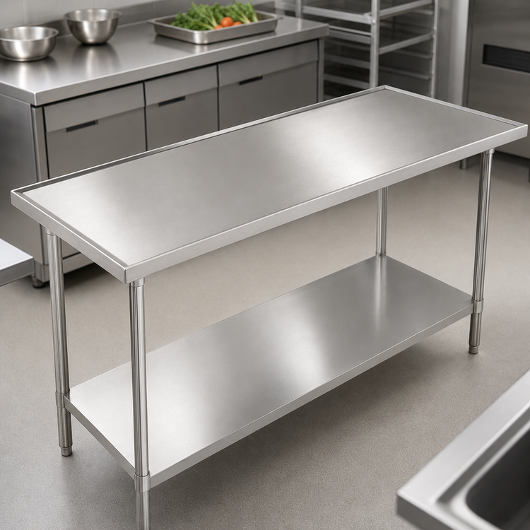 Product image #3 for Advance Tabco 144" x 48" Flat Top 304 Stainless Steel Work Table with No-Drip Edge and Galvanized Undershelf