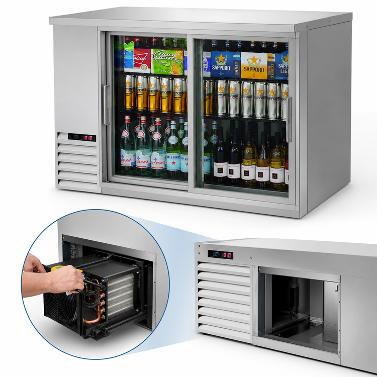 Product image #3 for Everest Refrigeration 57-3/4" Wide 24" Deep Two-Section Sliding Glass Door Back Bar Cooler, 17 Cu. Ft., Stainless Steel